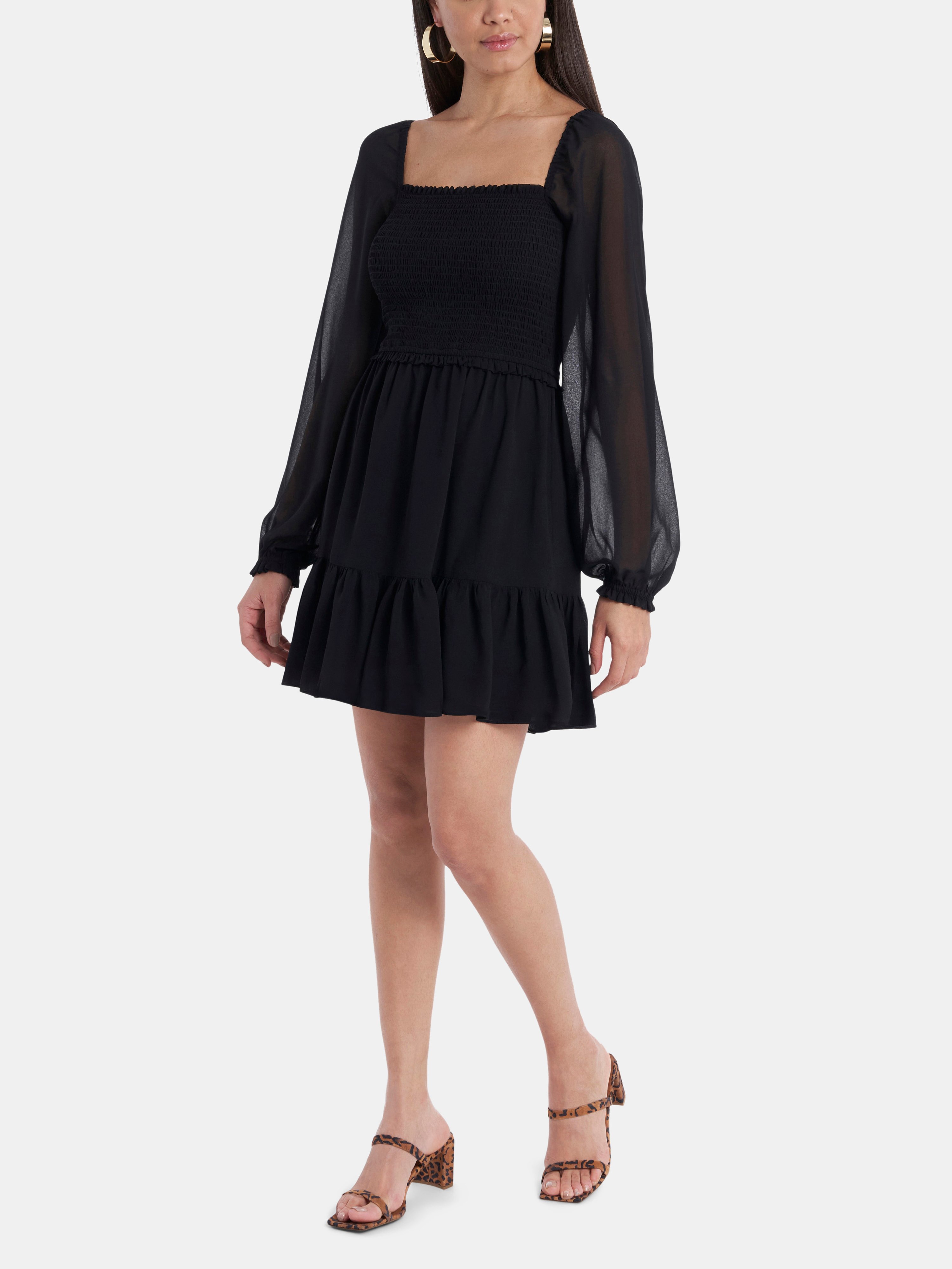 1.state 1. State Long Sleeve Smocked Top Ruffle Hem Dress In Rich Black