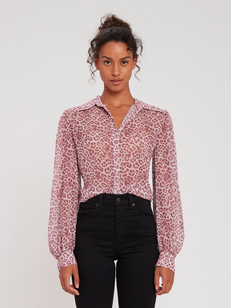 Puff Sleeve Button Up Blouse - Rose Leopard