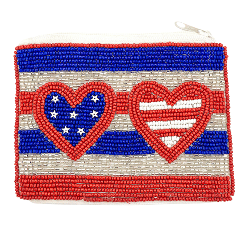 A Blonde And Her Bag American Flag Beaded Pouch With Hearts In Red