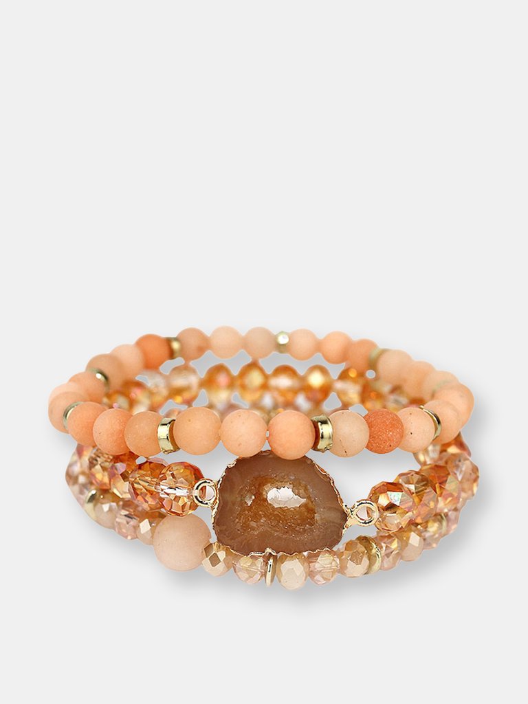 Coral Soapstone and Multi Glass Beaded Stretch Bracelet with Orange Druzy Pendant - Set of 3 - Orange