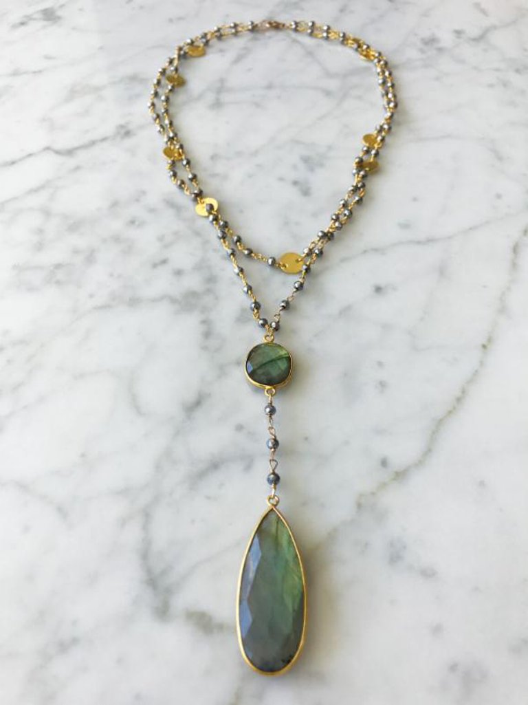 Double Diana Denmark Necklace in Polished Pyrite with Labradorite Drop - Green