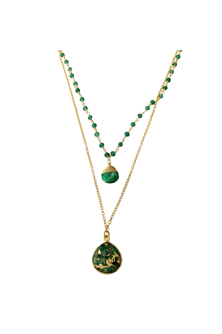 Double Jill Necklace with Gold Green Onyx Chain and Green Mojave Copper Turquoise Pendant