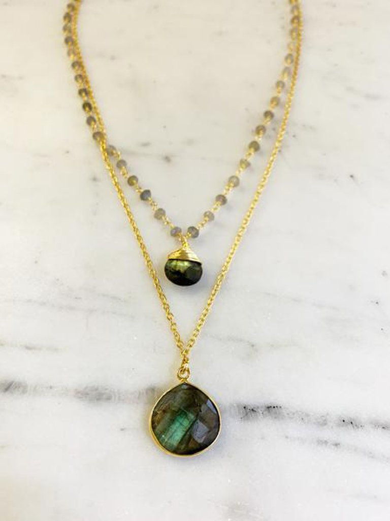 Double Jill Necklace with Gold Labradorite Chain and Labradorite Pendant - Gold