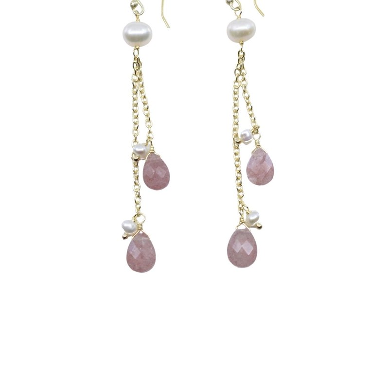 A Blonde And Her Bag Gold Dangle Earrings With Gold Chain Strands With Cherry Quartz And Pearl Drops