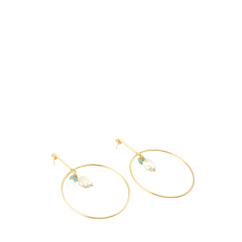 A_blonde_and_her_bag_jewelry Gold Hoop Drop Earrings With Pearl And Chalcedony Accent