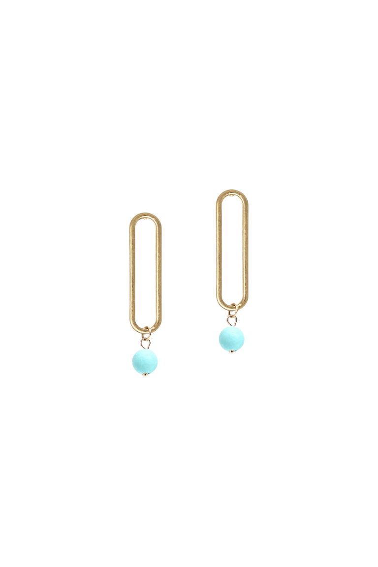 Gold Oval Earring with Blue Soapstone Drop - Gold