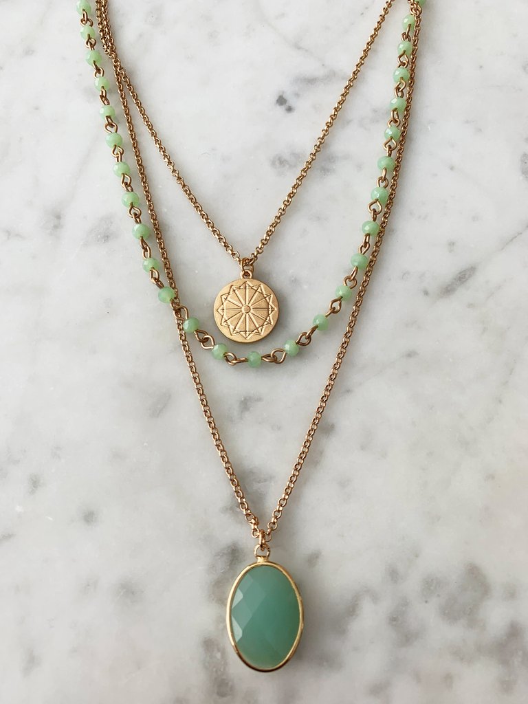 Gold-Plated & Green Chalcedony Facet Stone Multi-Layered Pendant Necklace - Green