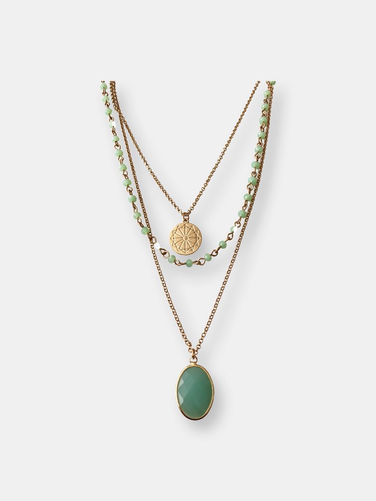 Gold-Plated & Green Chalcedony Facet Stone Multi-Layered Pendant Necklace