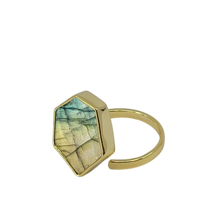 A Blonde And Her Bag Gold Ring With Hexagonal Labradorite Pendant