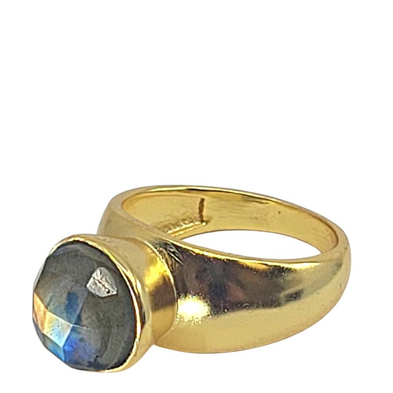 A_blonde_and_her_bag_jewelry Gold Ring With Round Labradorite Stone