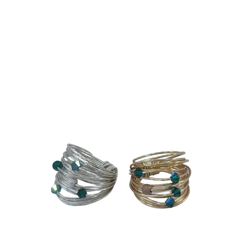 A Blonde And Her Bag Marcia Wire Wrap Ring With Deep Green Swarovski Crystals In Grey