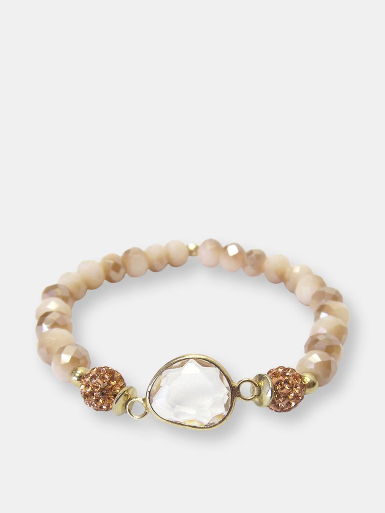 Peach and Pink Crystal Facet Topaz Stone Stretch Bracelet with Crystal Accent - Gold