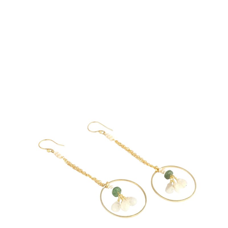 A Blonde And Her Bag Pearl Accented Gold Chain Dangle Earrings With Green Strawberry Quartz And Moon