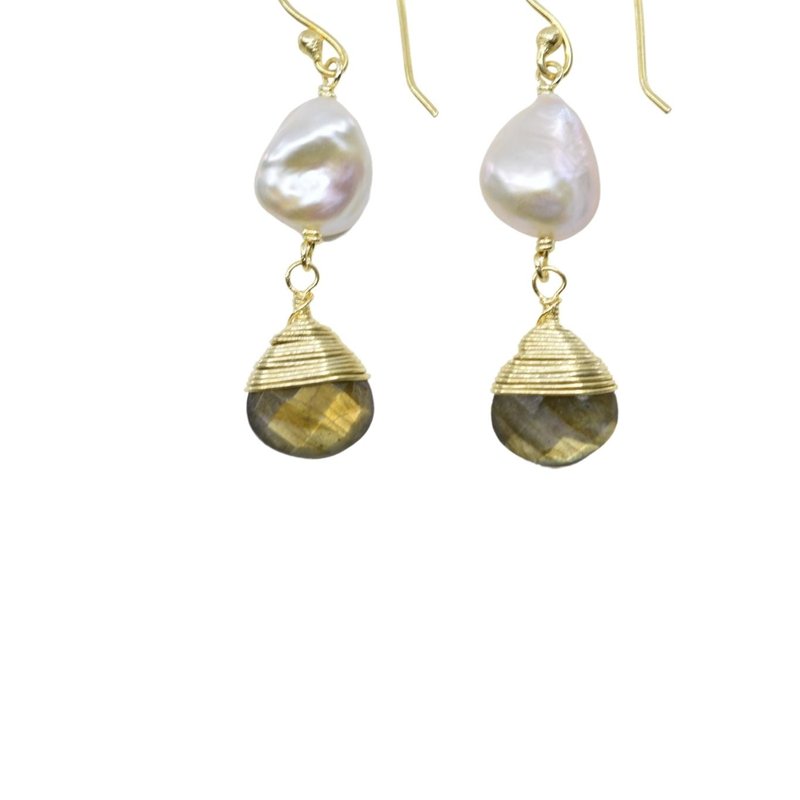 Shop A Blonde And Her Bag Pearl Earring With Hand Wrapped Labradorite Earring In Gold