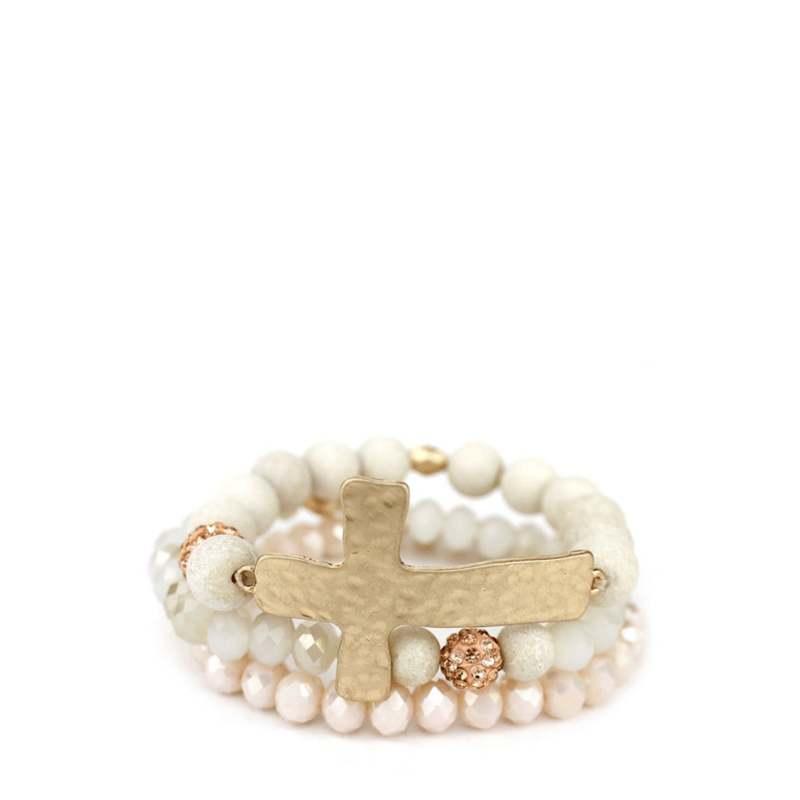 A Blonde And Her Bag Soft Pink Soapstone And Crystal Beaded Stretch Bracelet With Gold Cross