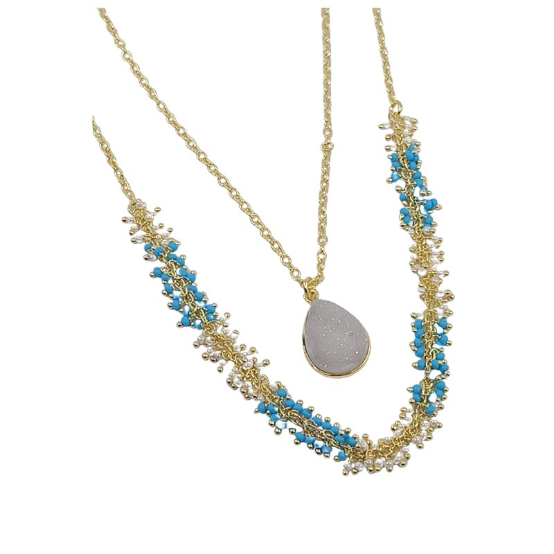 Shop A Blonde And Her Bag Two-strand Necklace With Turquoise And Pearl Beads And White Druzy Pendant In Gold