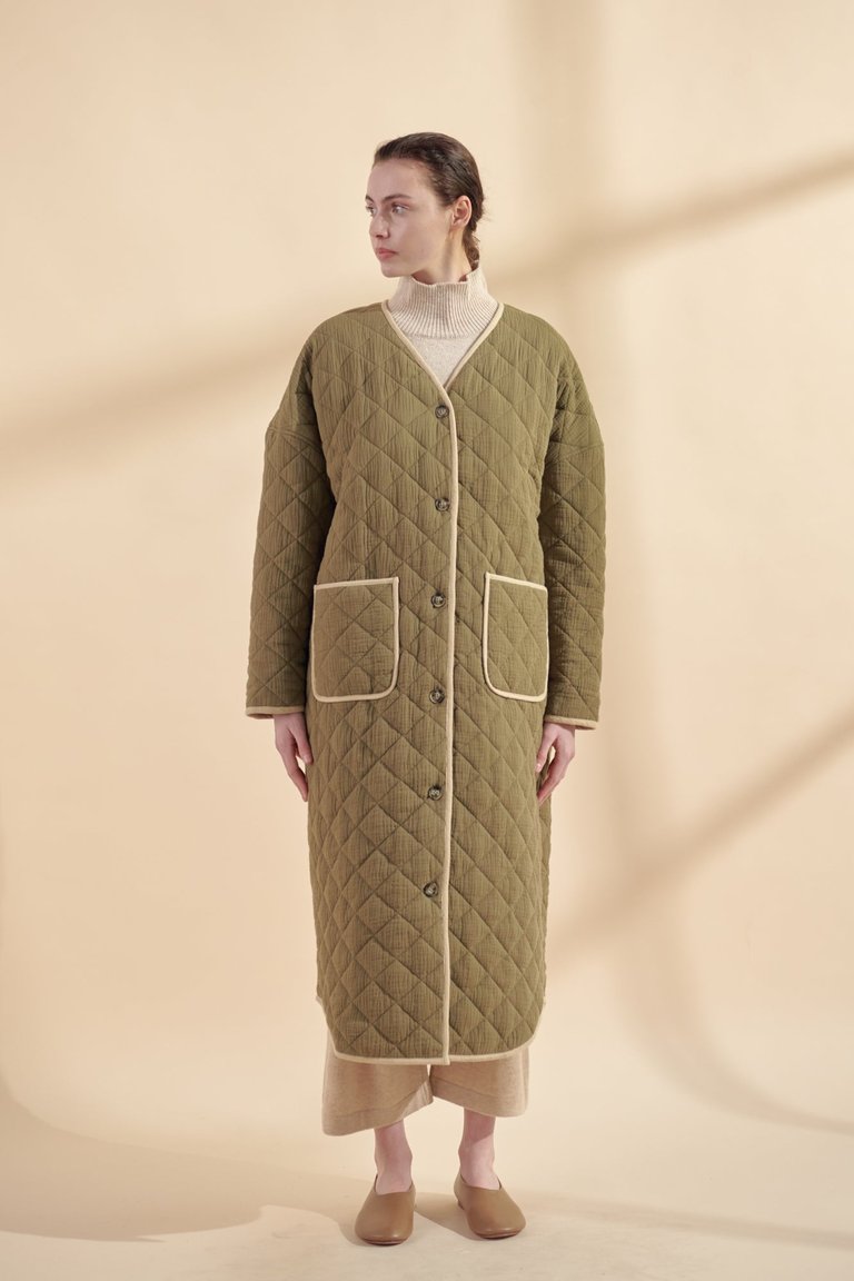 Button Down Quilted Coat - Olive