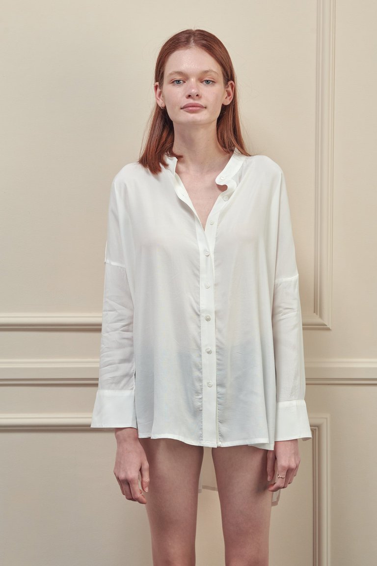 Collarless Loose Fit Long Sleeve Shirts - White