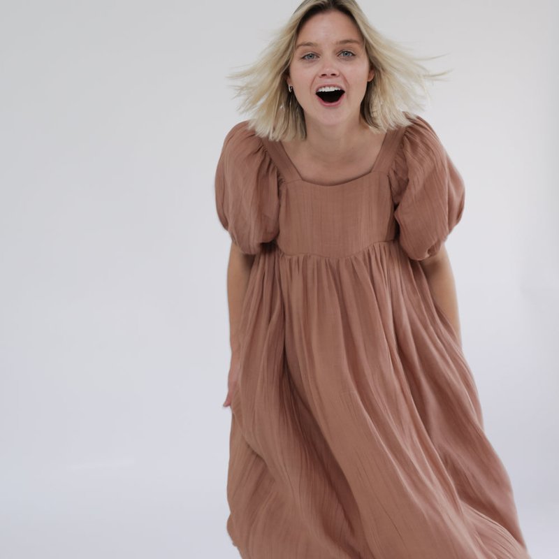 A Mente Volumed Short Sleeve Midi Dress In Brown