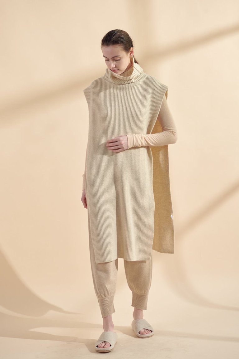 Wool Cashmere Blend Turtleneck Tunic Top - Oatmeal