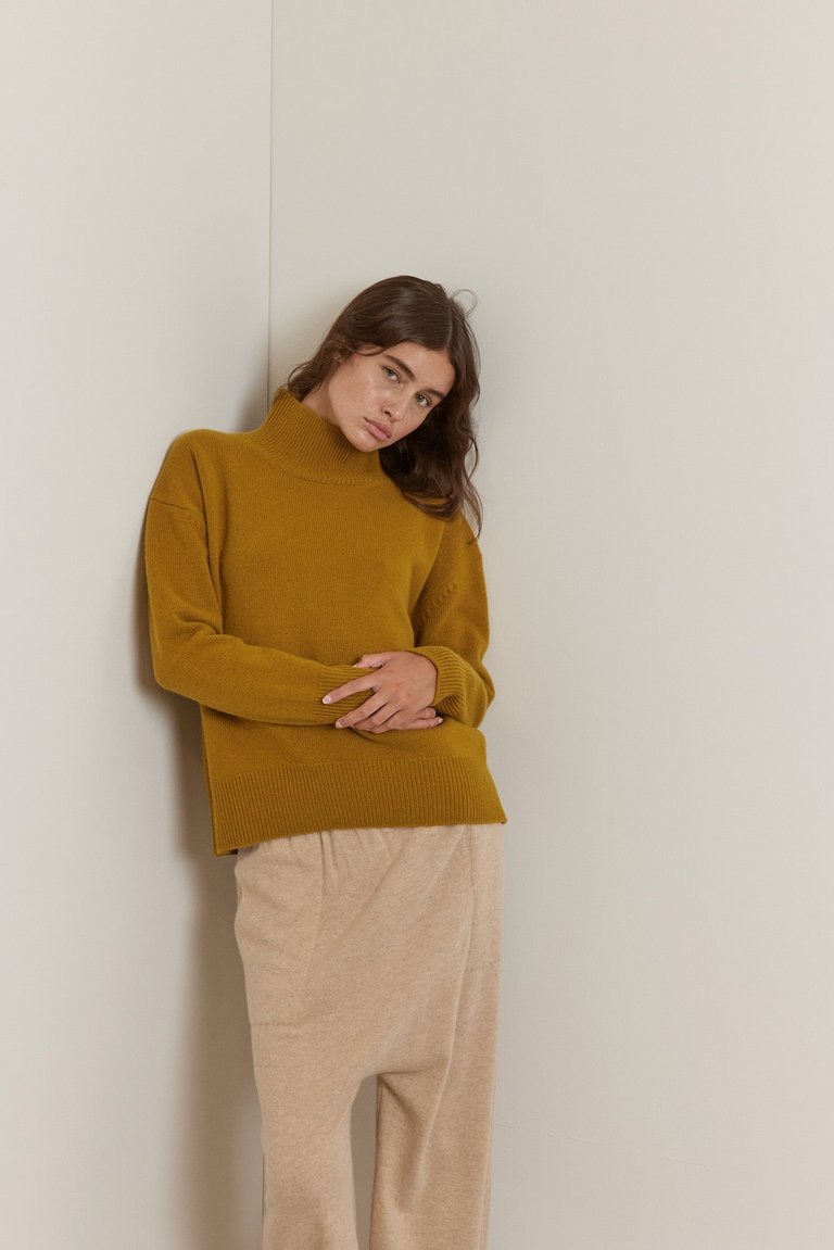 Wool Turtleneck Long Sleeve Sweater - Mustard