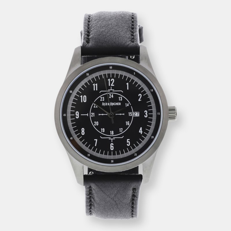 Ace & Archer Aviator Watch, Stainless Steel Case And Leather Band For Men, Free Leather Wallet With Purchase Made In Grey