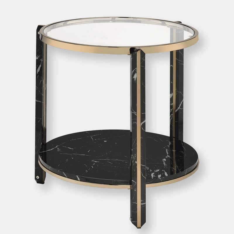 ACME FURNITURE ACME FURNITURE ACME THISTLE END TABLE, CLEAR GLASS, FAUX BLACK MARBLE & CHAMPAGNE FINISH