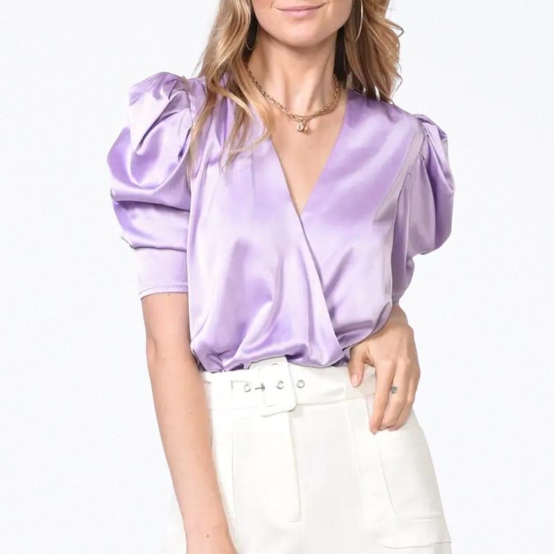 Shop Adelyn Rae Lila Wrap-effect Sateen Bodysuit In Purple