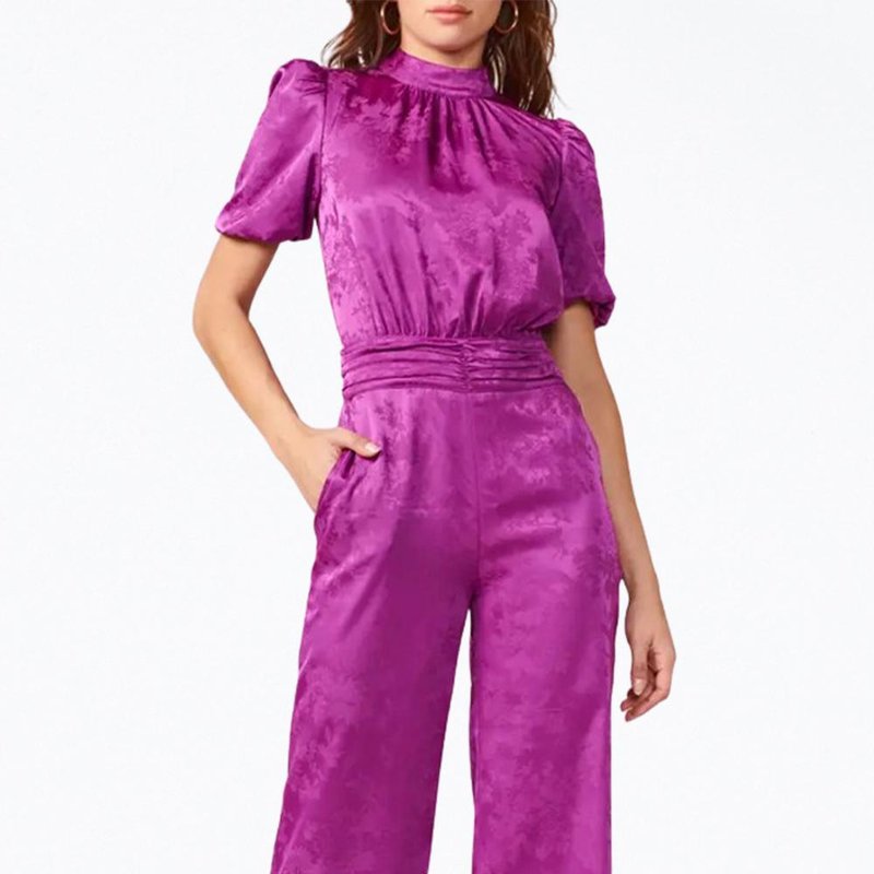 Shop Adelyn Rae Theo Open-back Sateen Jacquard Jumpsuit In Purple
