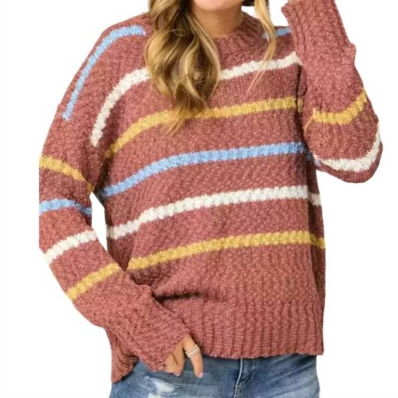 Adora Stripe Textured Crew Neck Sweater In Brown