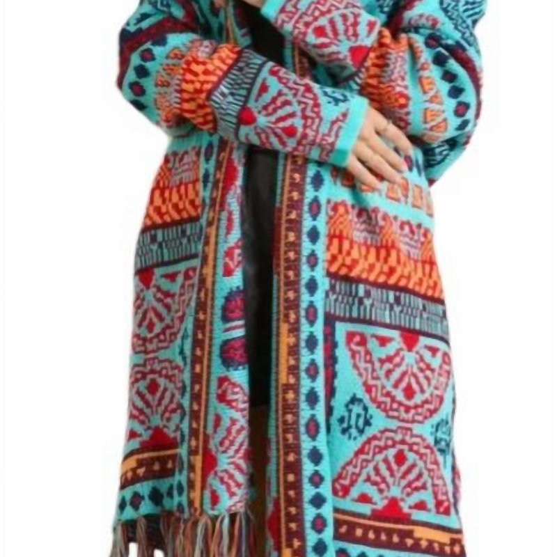 Shop Adora Tribal Pattern Fringe Hem Cardigan In Blue