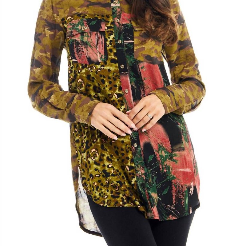 Shop Adore Faux Leopard Button Front Shirt In Green