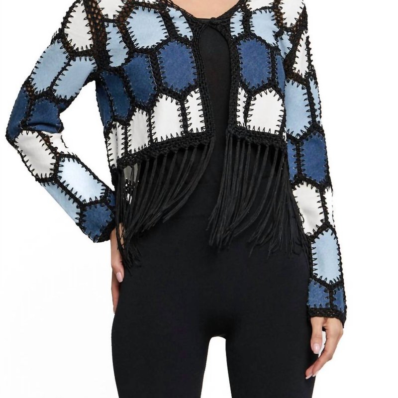Shop Adore Faux Suede Patchwork Crochet Fringe Jacket In Blue