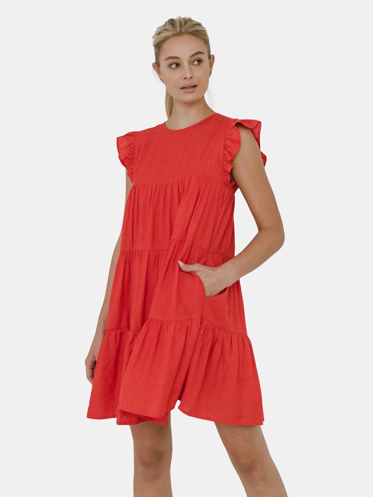 Ruffled Tiered Dress - Red