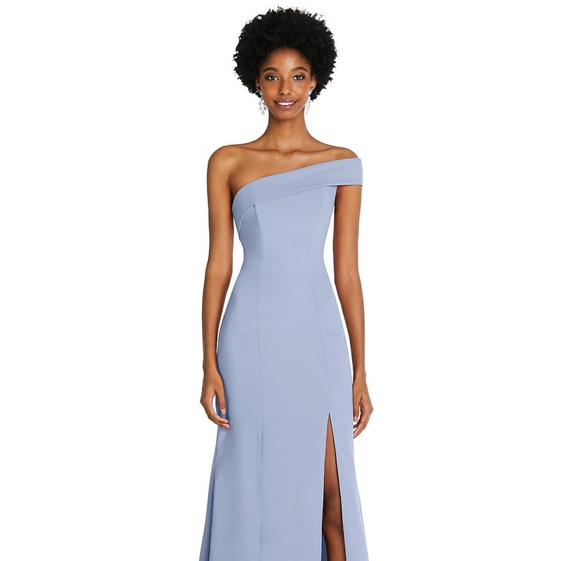 Shop After Six Asymmetrical Off-the-shoulder Cuff Trumpet Gown With Front Slit In Blue