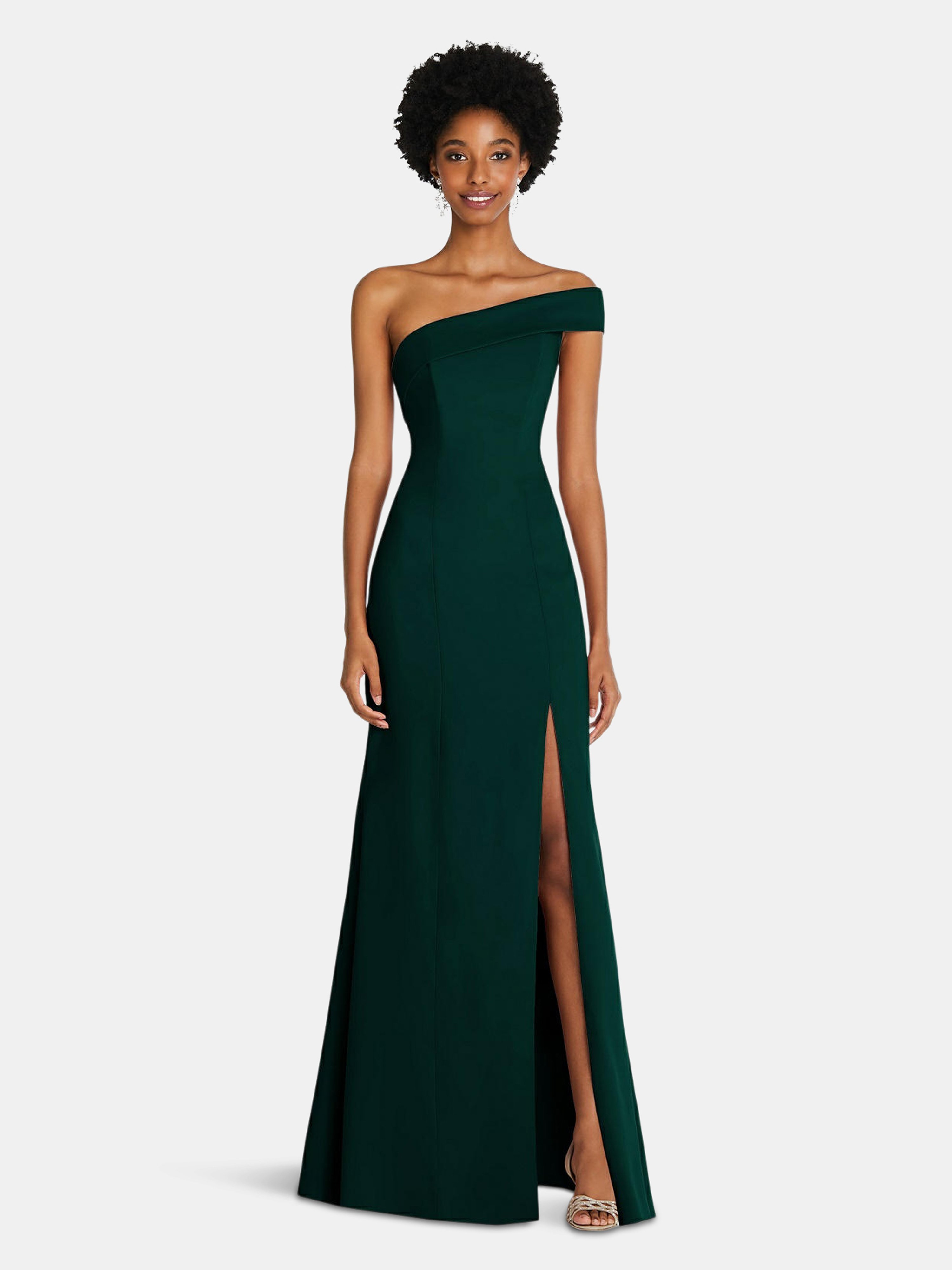 After Six Asymmetrical Off-the-shoulder Cuff Trumpet Gown With Front Slit In Green