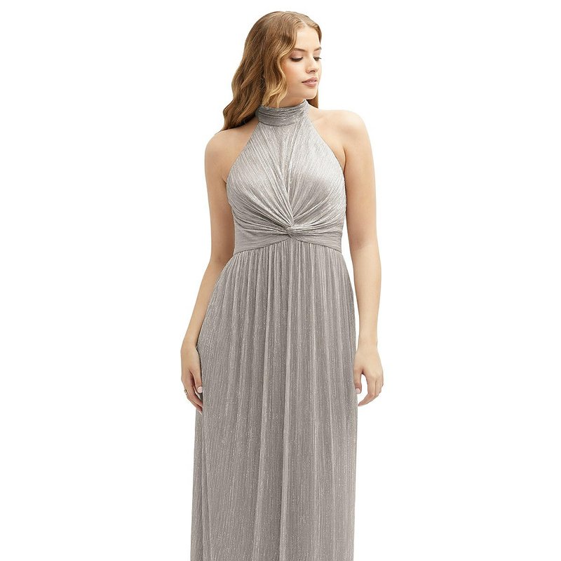 Shop After Six Band Collar Halter Open-back Metallic Pleated Maxi Dress In Brown