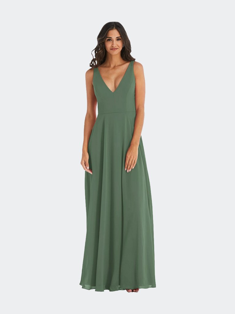 Deep V-Neck Chiffon Maxi Dress - Vineyard Green