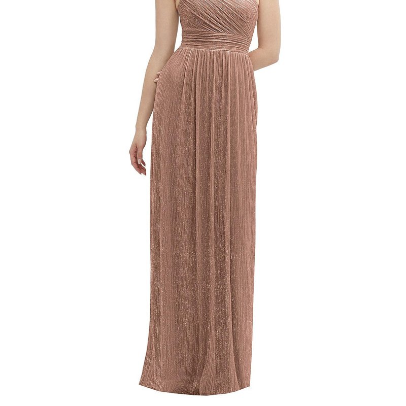 Shop After Six Dramatic Ruffle Edge One-shoulder Metallic Pleated Maxi Dress In Brown