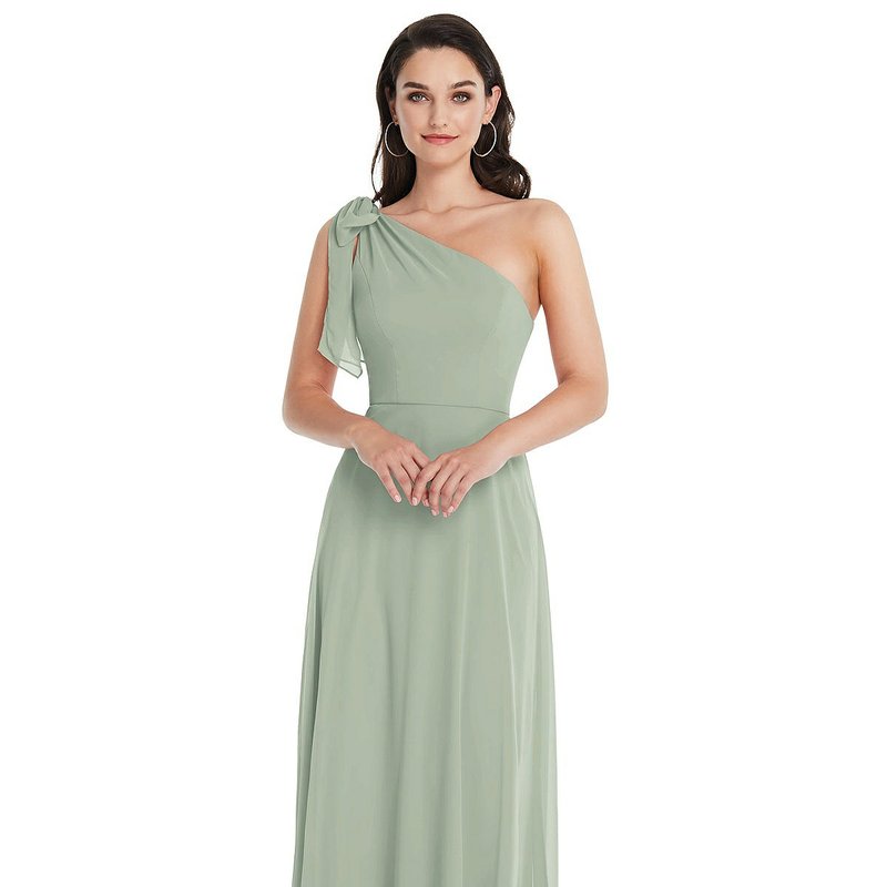 After Six Draped One-shoulder Maxi Dress With Scarf Bow In Green