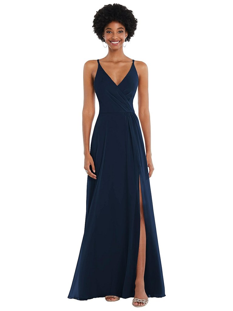 Faux Wrap Criss Cross Back Maxi Dress With Adjustable Straps - 1557 - Midnight Navy