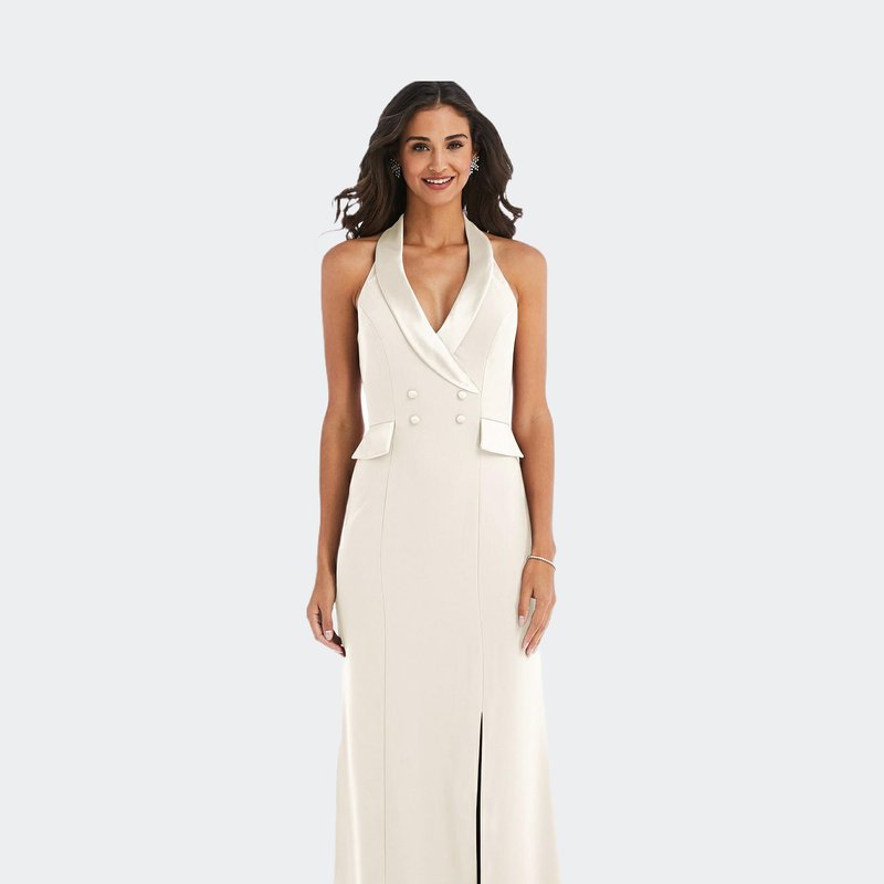 After Six Halter Tuxedo Maxi Dress With Front Slit In Ivory