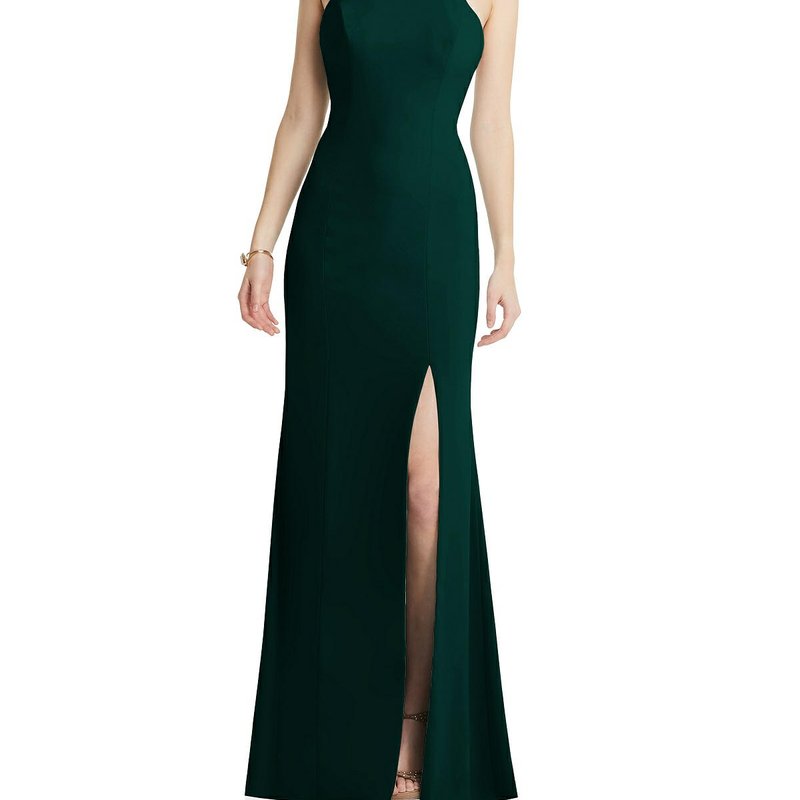 After Six High-neck Halter Dress With Twist Criss Cross Back In Evergreen