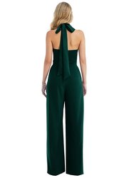 High-Neck Open-Back Jumpsuit with Scarf Tie - 6835