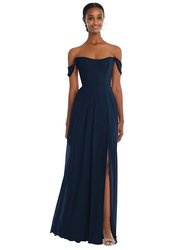 Off-The-Shoulder Basque Neck Maxi Dress With Flounce Sleeves - 1560 - Midnight Navy