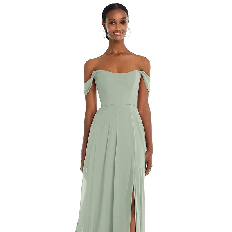Shop After Six Off-the-shoulder Basque Neck Maxi Dress With Flounce Sleeves In Green