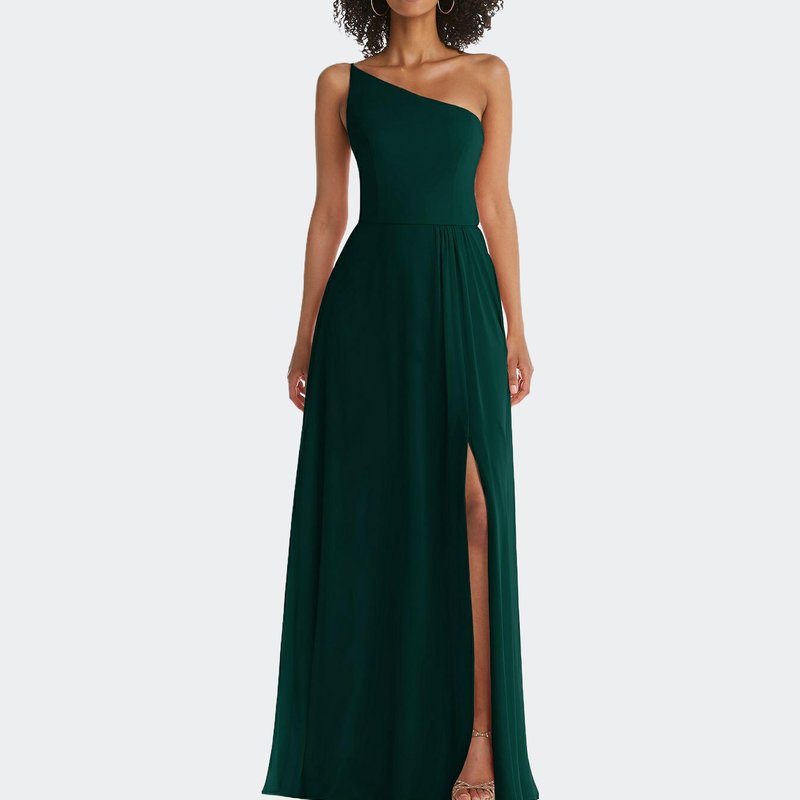 After Six One-shoulder Chiffon Maxi Dress With Shirred Front Slit In Evergreen