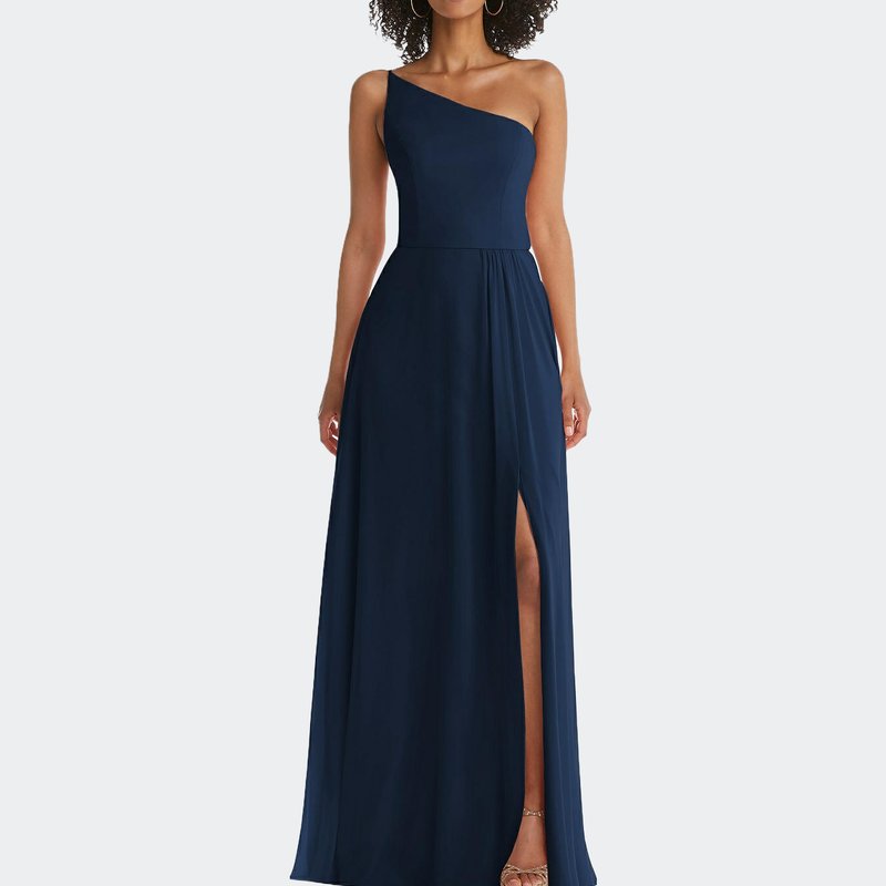 After Six One-shoulder Chiffon Maxi Dress With Shirred Front Slit In Midnight Navy