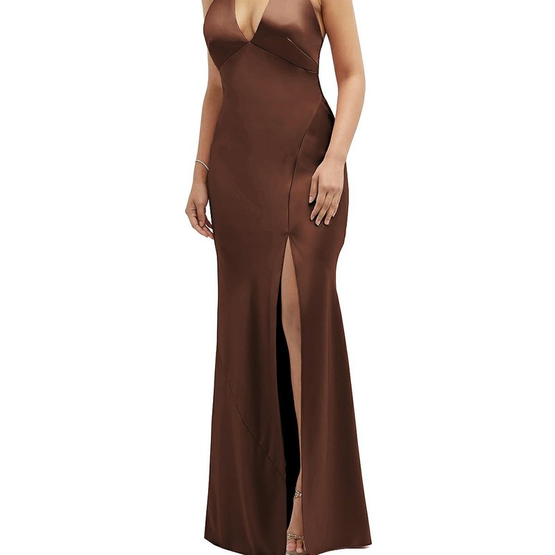Shop After Six Plunge Halter Open-back Maxi Bias Dress With Low Tie Back In Brown