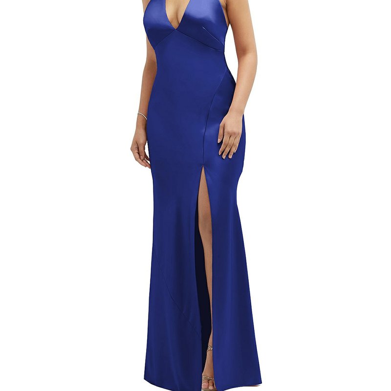 Shop After Six Plunge Halter Open-back Maxi Bias Dress With Low Tie Back In Blue